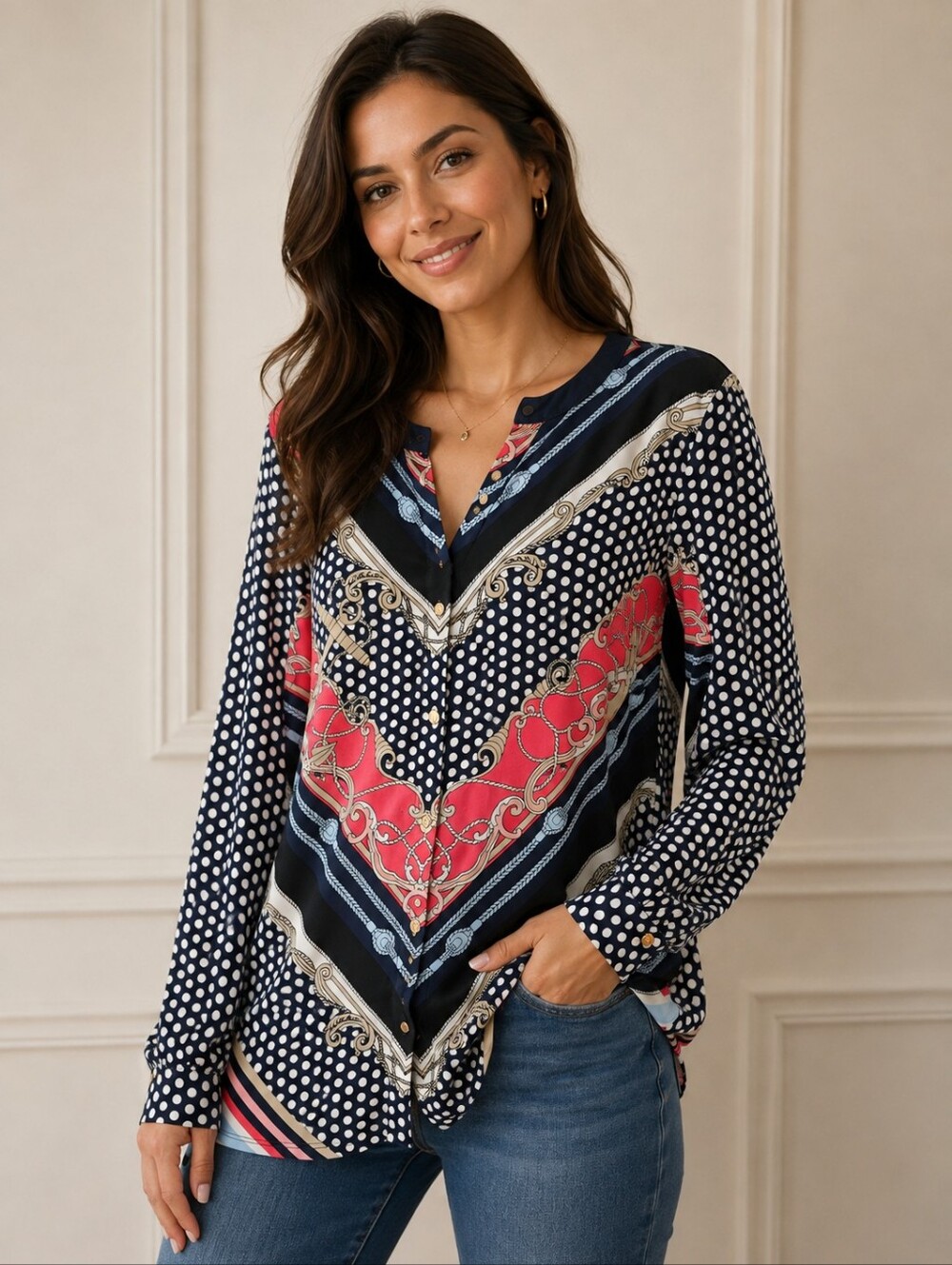 Dana Buchman Nautical Navy & Pink Chain-Print Long Sleeve Blouse
